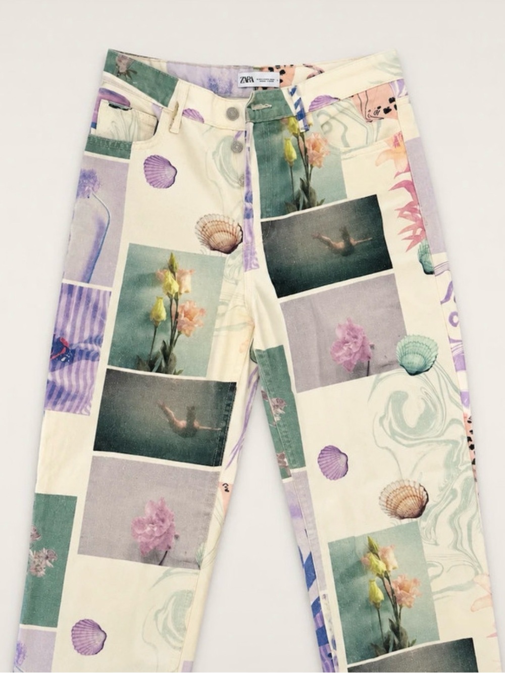 ZARA Y2K Printed Straight Leg Jeans – Pastel Collage Print